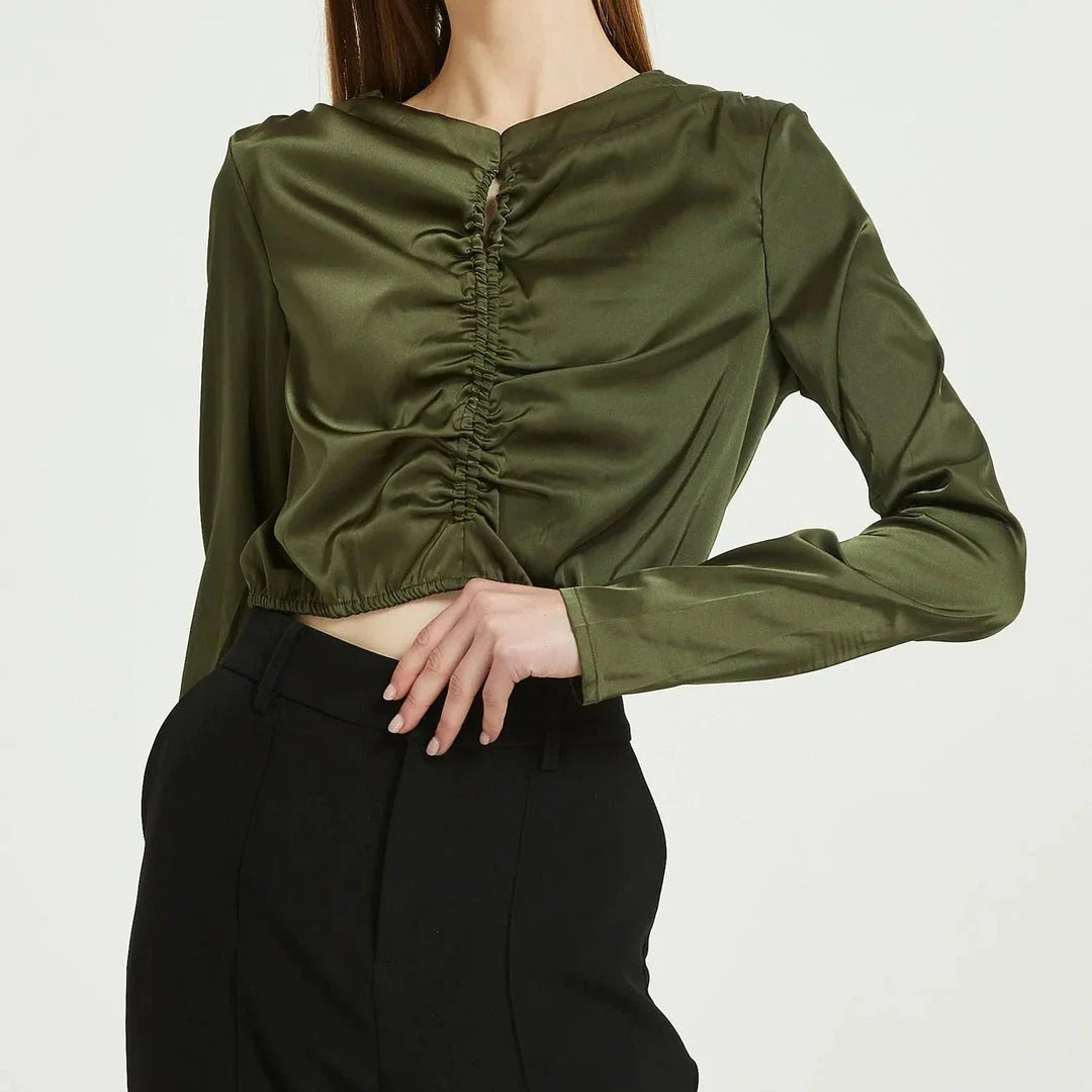 Elegant green silk chiffon long sleeve blouse, designed in New Zealand for the modern Kiwi woman