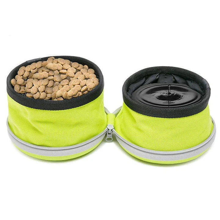 Collapsible dual dog bowl made from durable 900D oxford fabric with waterproof lining, perfect for outdoor adventures with your pet