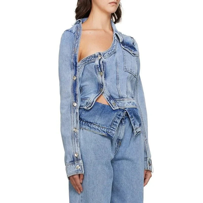 A stylish patchwork denim jacket with an irregular hem, perfect for New Zealand fashion enthusiasts.