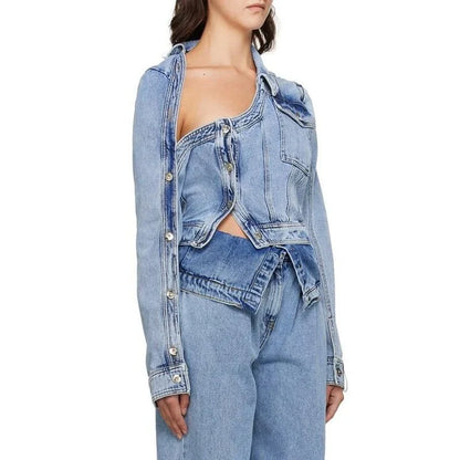 A stylish patchwork denim jacket with an irregular hem, perfect for New Zealand fashion enthusiasts.