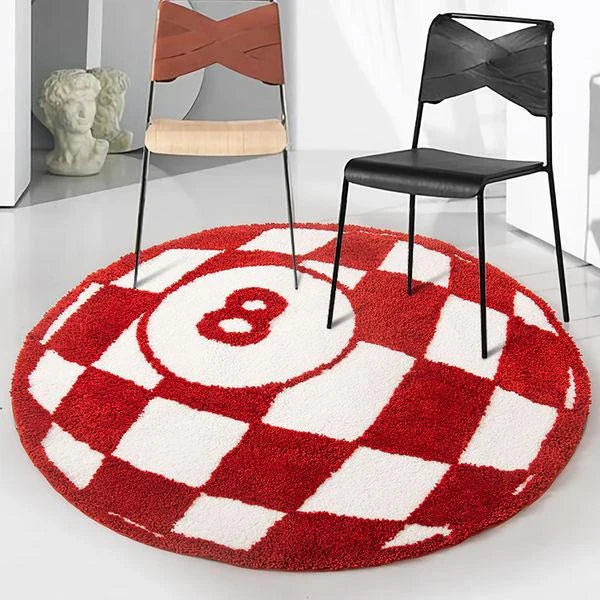 Vibrant 8 ball-inspired tufted area rug in red or black, perfect for adding a playful touch to Kiwi homes