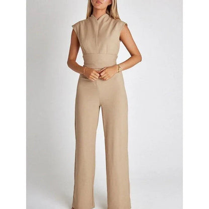 Elegant V-Neck Sleeveless Wide-Leg Jumpsuit in Khaki color, featuring a high-waist silhouette and lace-up detail for a refined, versatile look.