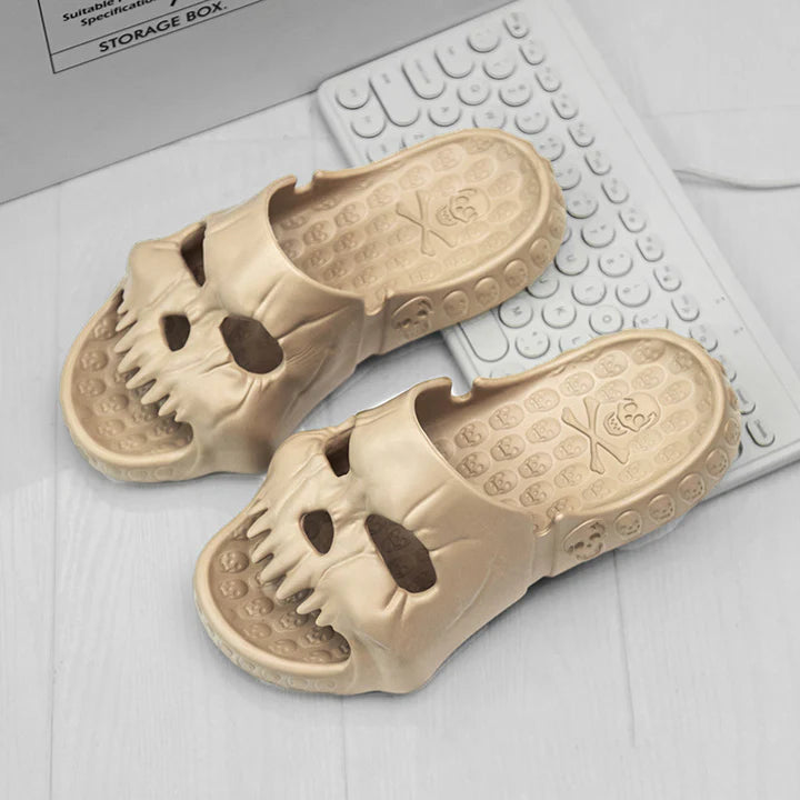 Stylish skull-patterned slippers in a range of classic Kiwi colours, perfect for indoor and outdoor wear