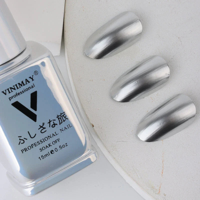 Trendha Metallic Mirror Silver Gel Nail Polish with a reflective, high-gloss finish that catches the light beautifully