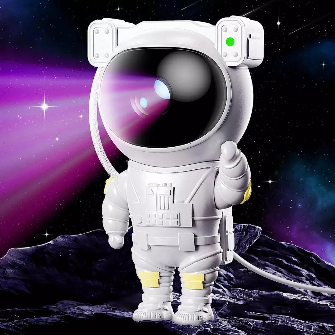 Astronaut Star Projector Lamp with 360-degree rotating head, detachable lunar base, and customizable astronaut pose