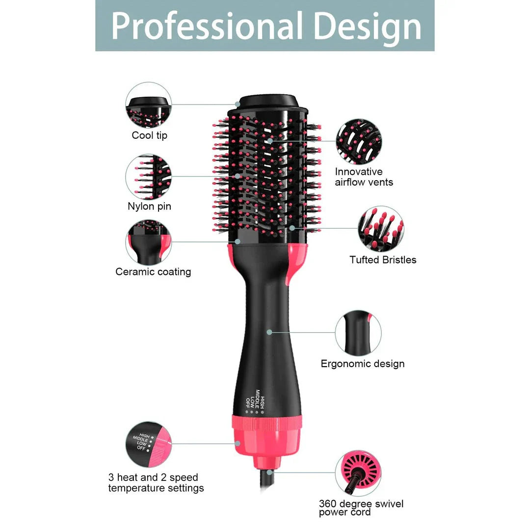 Salon-quality multifunctional hot air brush and hair styler with negative ion conditioning technology for frizz-free, shiny hair