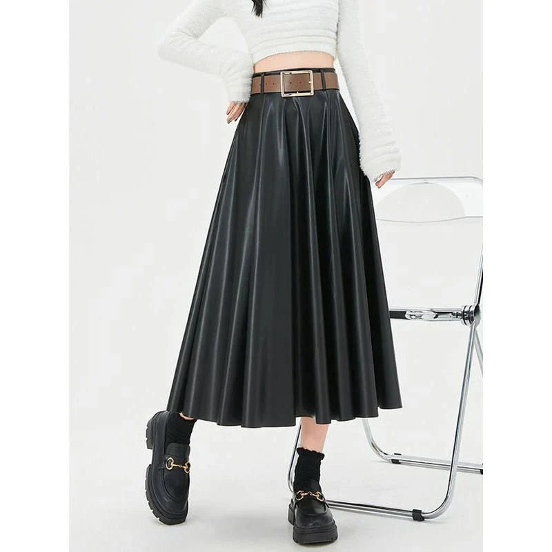 Elegant high-waist faux leather skirt with stylish belt, perfect for office or casual wear