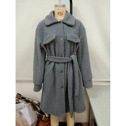 Stylish mid-length plush trench coat with belted waist, available in black, blue gray, and caramel colors