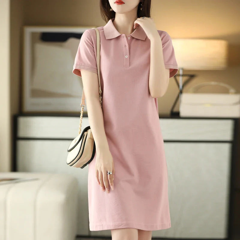 Stylish Kiwi Chic Mid-Length Polo Collar Dress in White, Black, Pink, and Navy Blue colors