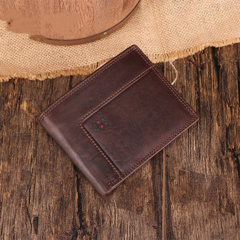 Premium cowhide leather clutch wallet in a classic chocolate colour, featuring multiple internal compartments for organising cards, cash, and other essentials