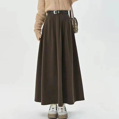 Elegant High-Waisted Pleated Maxi Skirt for Kiwi Women in Brown