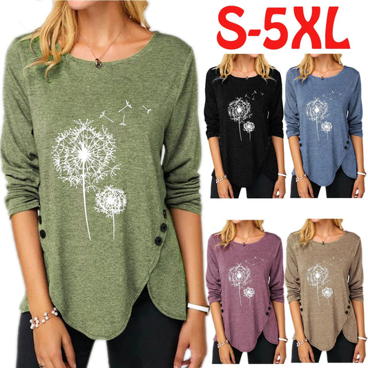 Comfy Kiwi Tee with irregular button design, long sleeves, and round neckline in a range of classic Kiwi colors