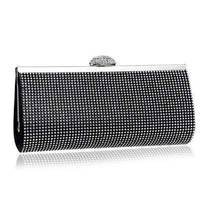 A glamorous gold rhinestone-embellished evening clutch with a sleek, hard exterior and fashionable hasp closure.