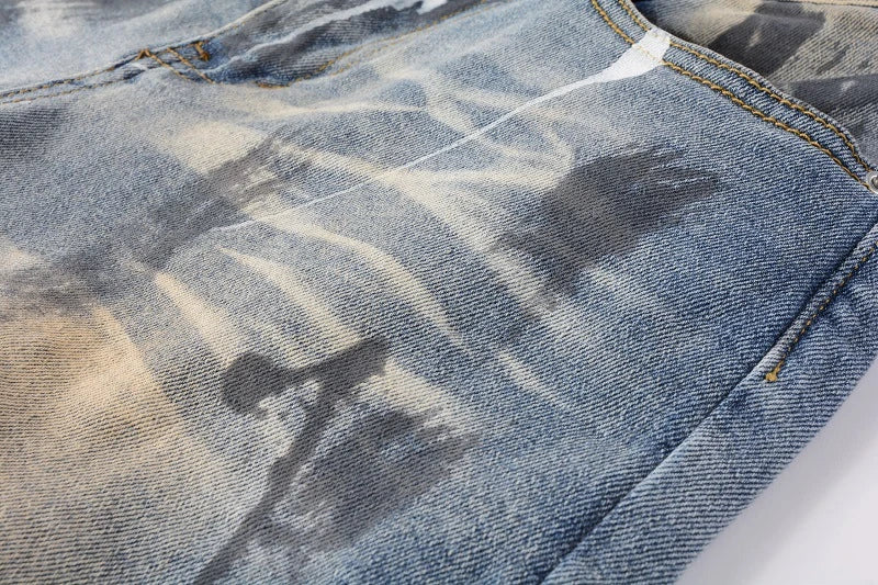 Vintage-inspired jeans with rhinestone and ink splash detailing, perfect for the modern Kiwi lifestyle