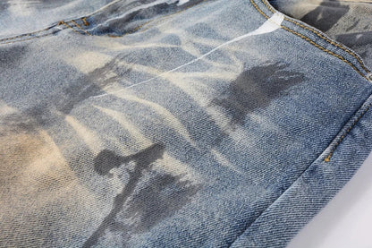 Vintage-inspired jeans with rhinestone and ink splash detailing, perfect for the modern Kiwi lifestyle