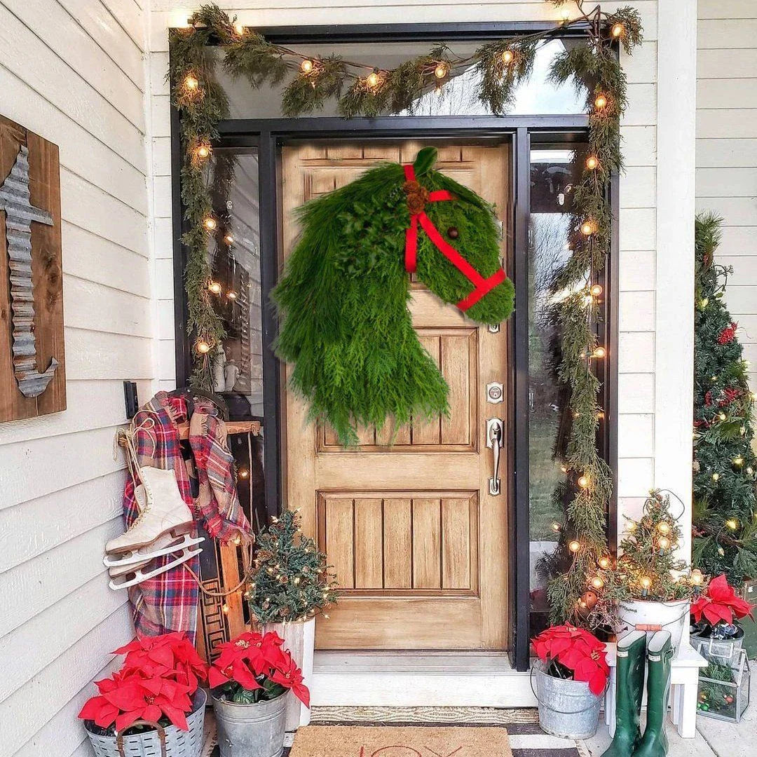 Rustic double horse head Christmas wreath with lifelike pine branches, a unique and charming Kiwi-inspired holiday decoration