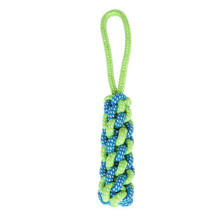 Chew-tastic braided cotton dog toy in the shape of a bone, available in brown and grey colours