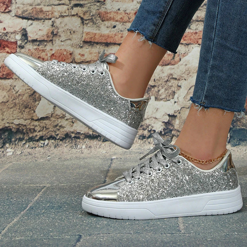 Stylish sequin sneakers for Kiwi women with thick soles and trendy lace-up design, available in various vibrant colours