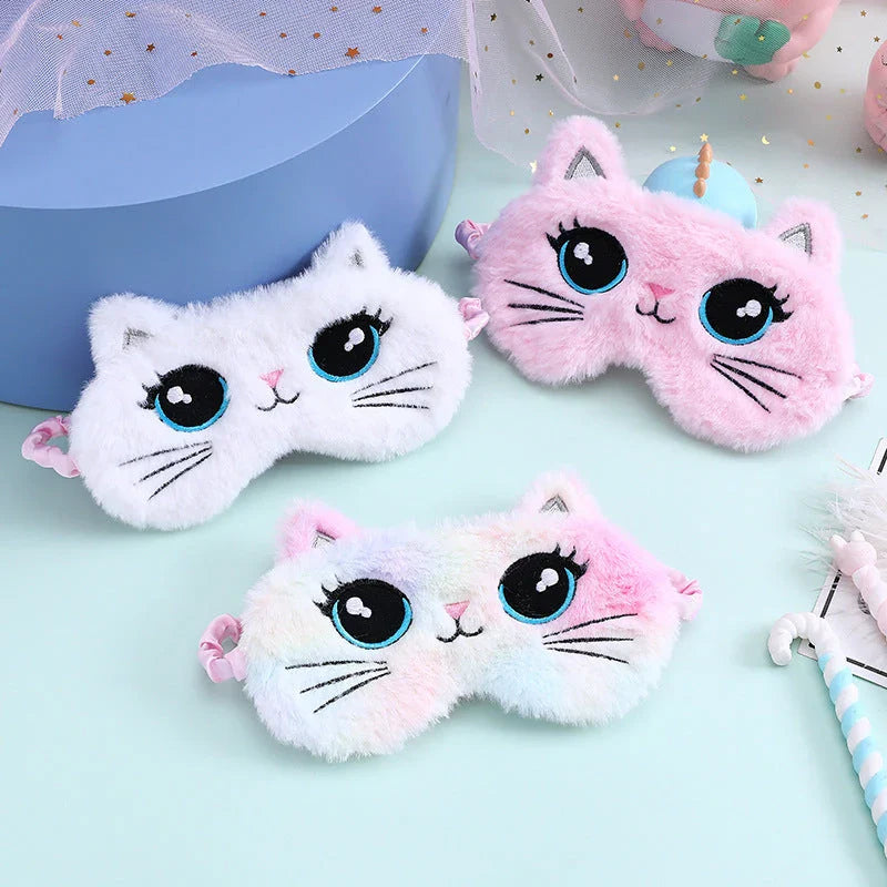 Cosy Kiwi Cutie plush sleep mask with adorable big eyes cat design and adjustable strap for comfort