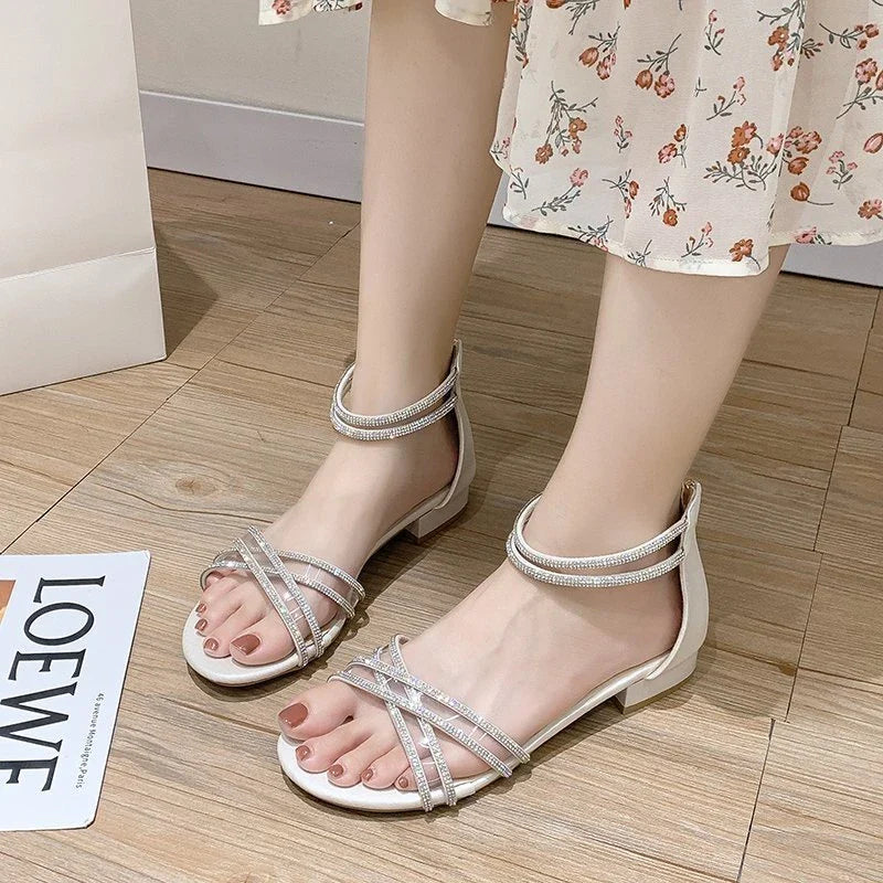 Stylish and comfortable spring sandals for women, available in black and beige colors with flat and thick heels