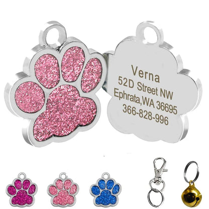 Cute paw-shaped pet tag with rhinestones, designed for Kiwi pets to provide stylish identification and anti-lost protection.