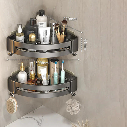 Adhesive Bathroom Shampoo Holder with dual-tier shelves in sleek grey aluminium alloy