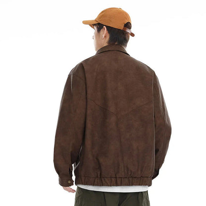 Kiwi-inspired leather jacket with a relaxed, loose fit and classic design elements