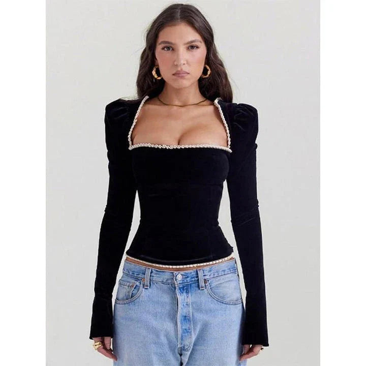 Backless square collar tee with shoulder pads, designed for stylish Kiwi women