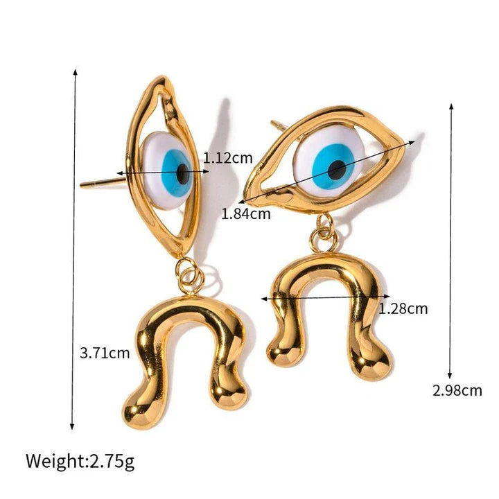 Pair of 18K gold plated stainless steel asymmetrical devil's eye earrings with vibrant, dripping oil-inspired finish