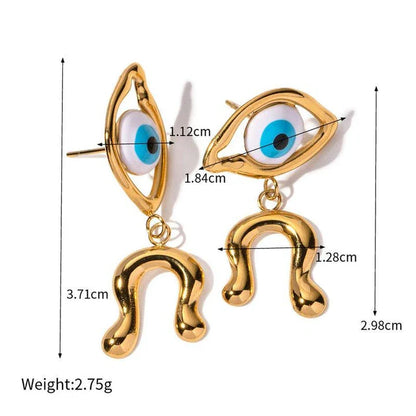 Pair of 18K gold plated stainless steel asymmetrical devil's eye earrings with vibrant, dripping oil-inspired finish