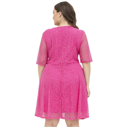 Stylish relaxed-fit v-neck lace dress in rose red color, featuring a flattering A-line silhouette and premium polyester fabric