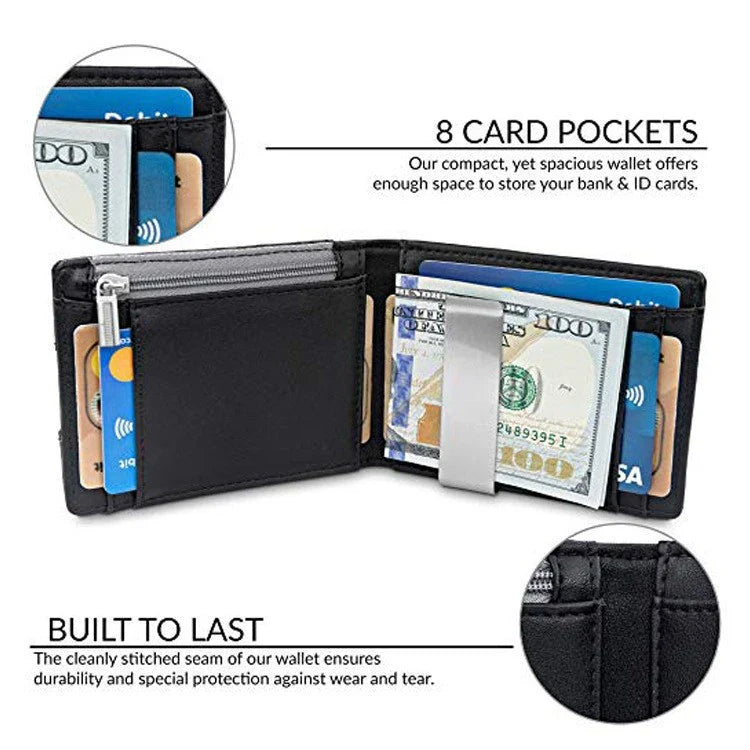 A stylish black leather card holder with a money clip, featuring carbon fibre accents for a sleek, modern look.