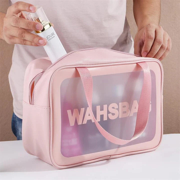 Spacious and waterproof travel makeup bag with transparent panels for easy visibility and organisation of cosmetics and toiletries