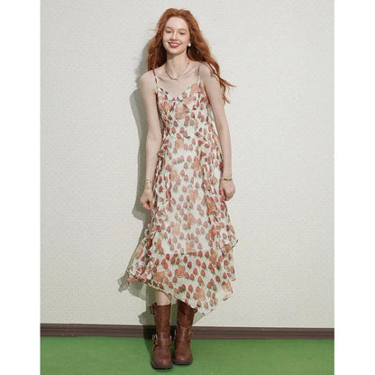 Elegant French-inspired floral midi dress with V-neck, spaghetti straps, and asymmetrical decoration for chic Kiwi style