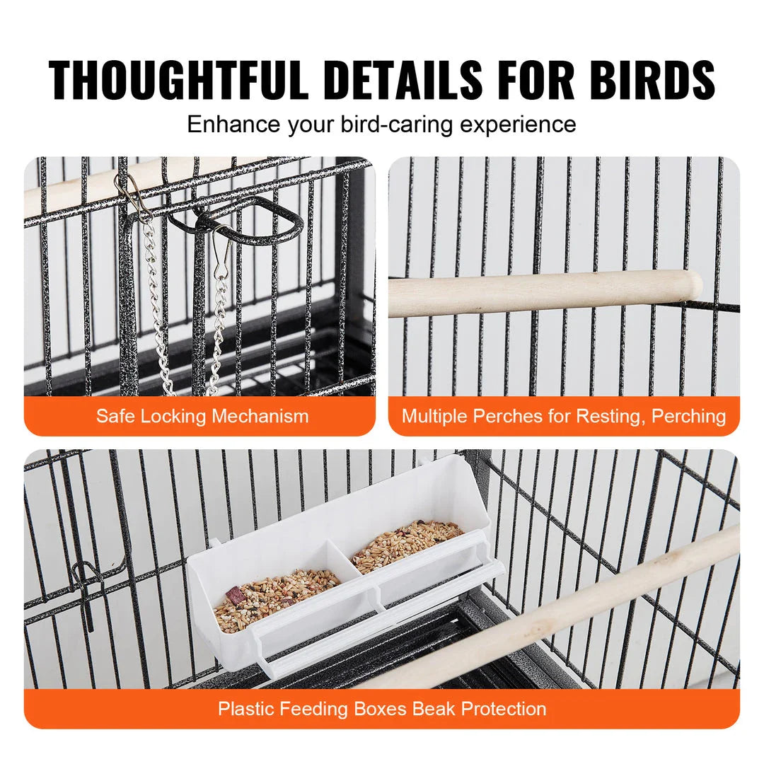 Spacious and secure large bird cage made of durable carbon steel with lockable wheels for easy mobility