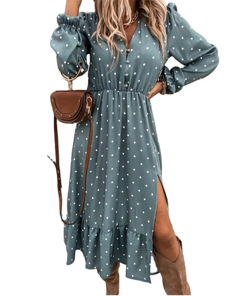 Polka dot long sleeve dress in skyblue and apricot colors, featuring a V-neck and A-line silhouette for a flattering, professional look