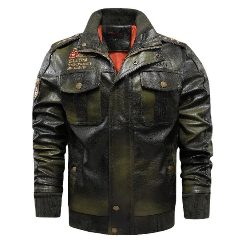 Premium PU leather jacket with stand-up collar and slim fit, available in brown, black, and army green colours