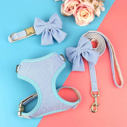 Adjustable mesh dog collar harness and leash set with cute bowknot design, available in various colors for small to medium-sized dogs