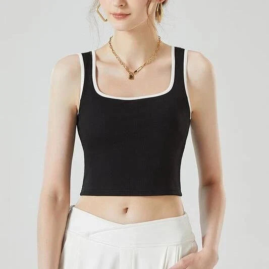 Stylish padded sleeveless crop top in a unique patchwork design, perfect for Kiwi women's active lifestyles.