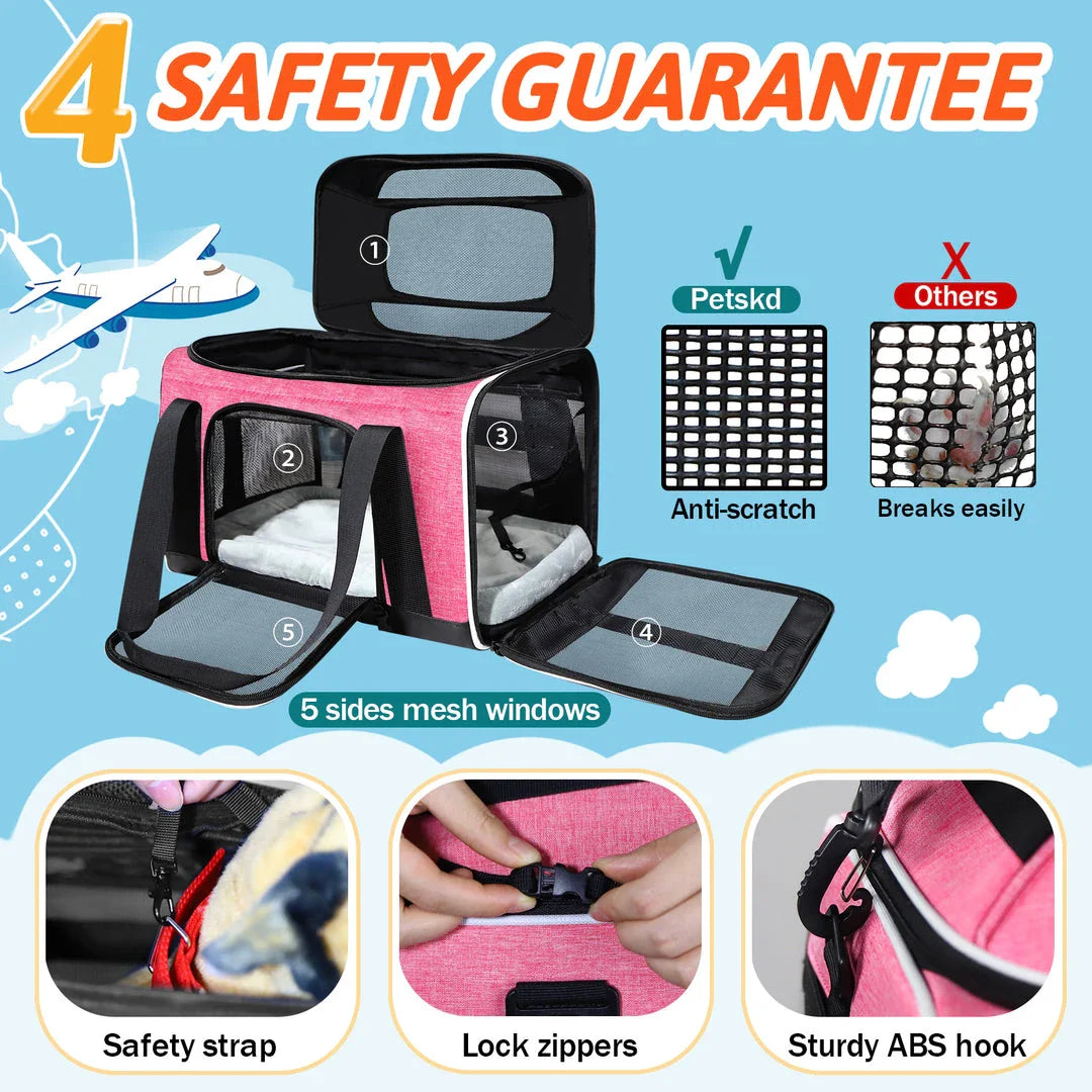 Airline-approved pet carrier with expandable top and safety features for stress-free travel with your furry companion