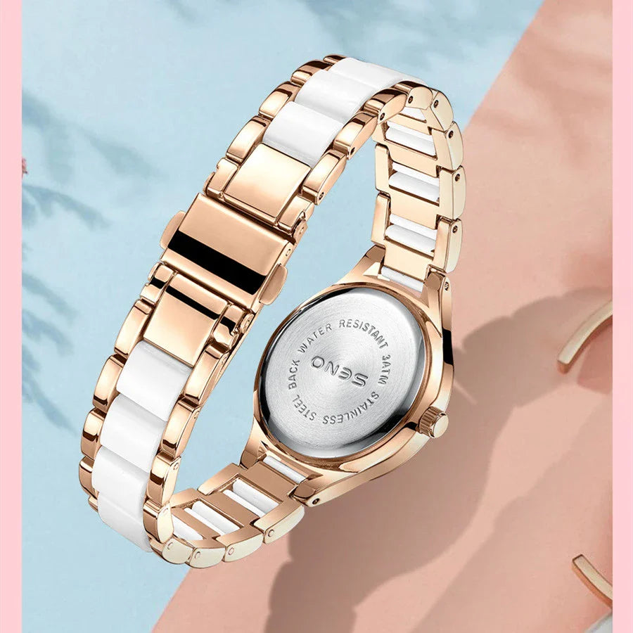 Ceramic Ladies Bracelet Watch in a silver and white color with a durable stainless steel buckle