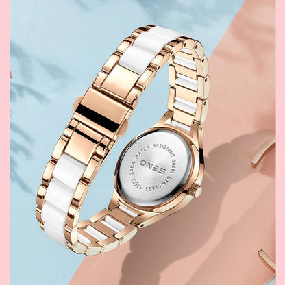 Ceramic Ladies Bracelet Watch in a silver and white color with a durable stainless steel buckle