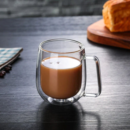 Double-Walled Heat Resistant Borosilicate Glass Mug in Clear and Smoke Grey Colours, Featuring Elegant Design and Generous Capacity