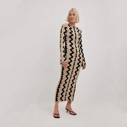 Elegant striped knit midi dress with O-neck design, featuring a flattering slim fit and comfortable ankle-length cut for the modern Kiwi woman.