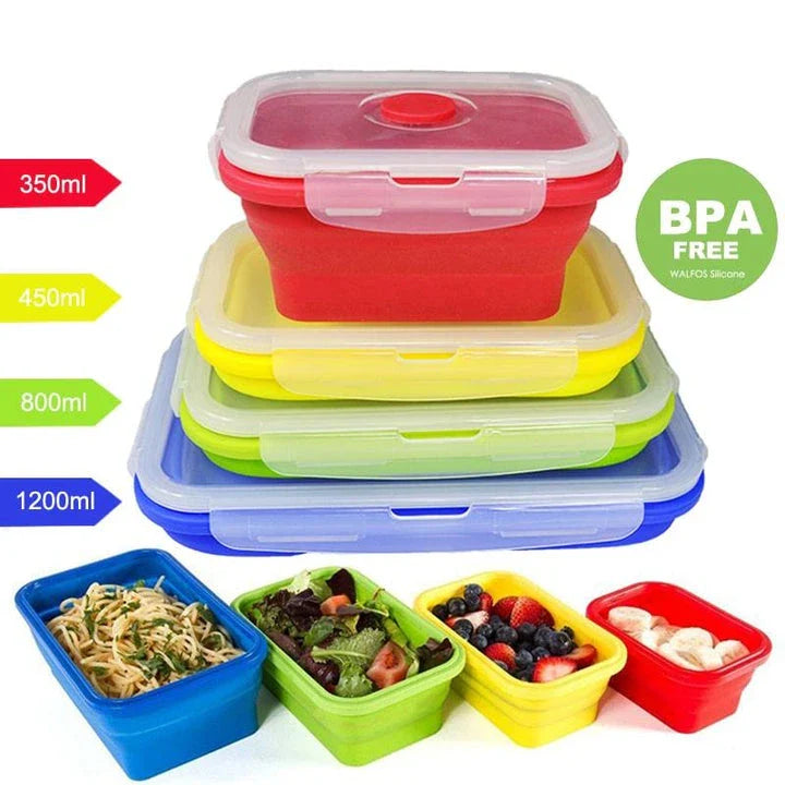 Folding silicone food storage containers in various sizes and colors, perfect for Kiwi kitchens