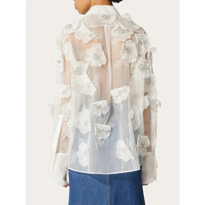 Stylish patchwork blouse with lapel collar, long sleeves, and sheer mesh panels for modern Kiwi casual elegance