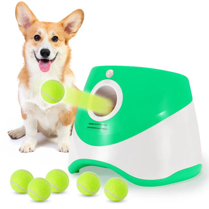 Compact automatic dog tennis ball launcher in blue color, with 3 elastic balls, designed for interactive pet play and exercise.