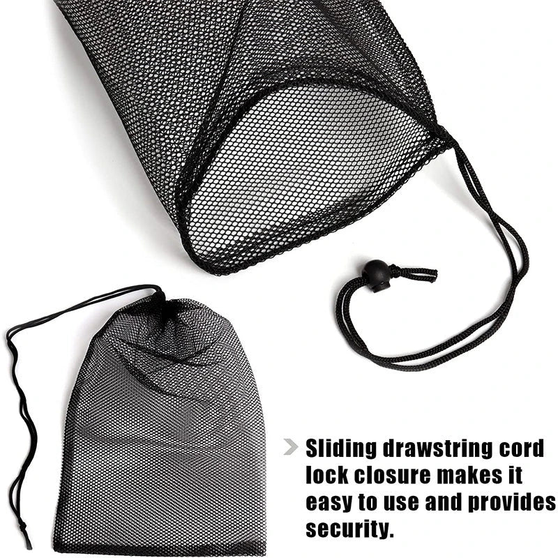 Nylon mesh drawstring storage bag in various sizes, suitable for storing sports gear, laundry, and more