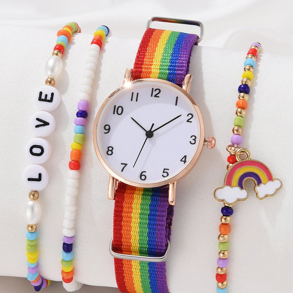 Rainbow-coloured fabric strap women's wristwatch with alloy case and quartz movement