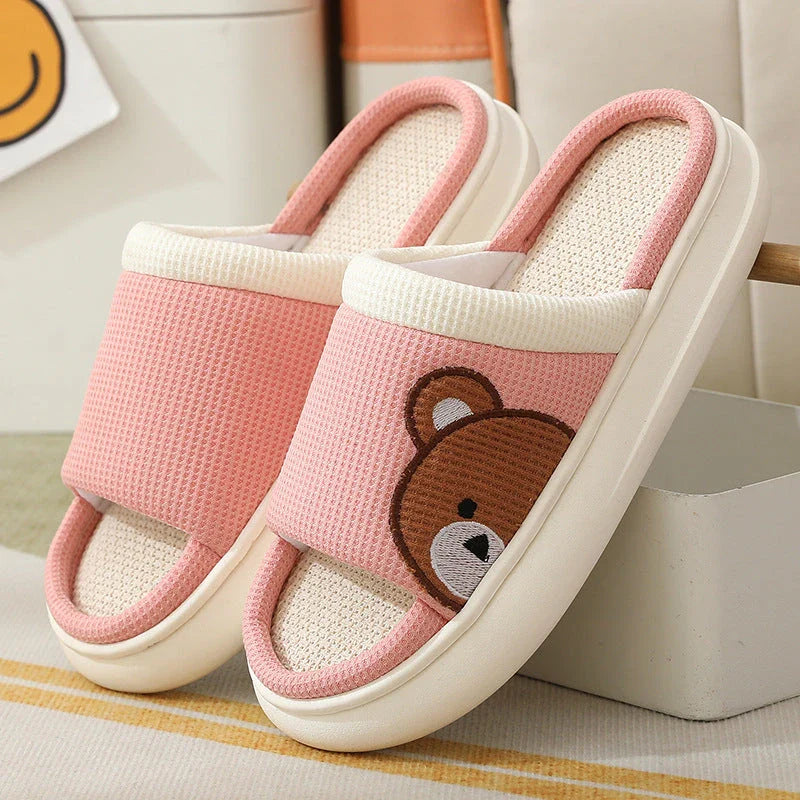 Cozy cartoon bear linen slippers with non-slip soles, perfect for indoor Kiwi comfort